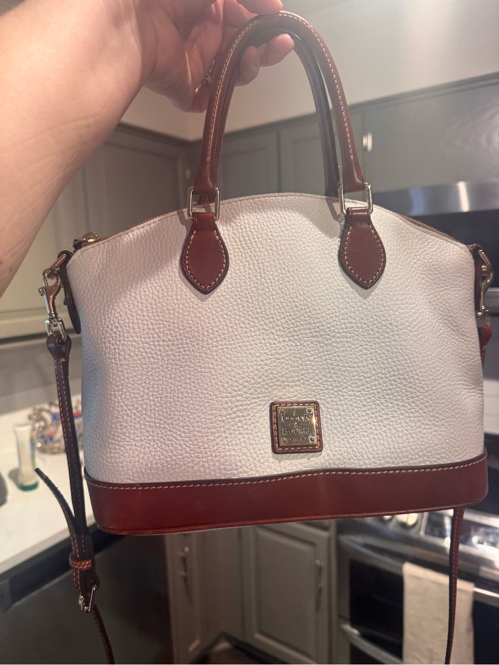 Dooney & Bourke White and Brown Pebbled Leather Satchel